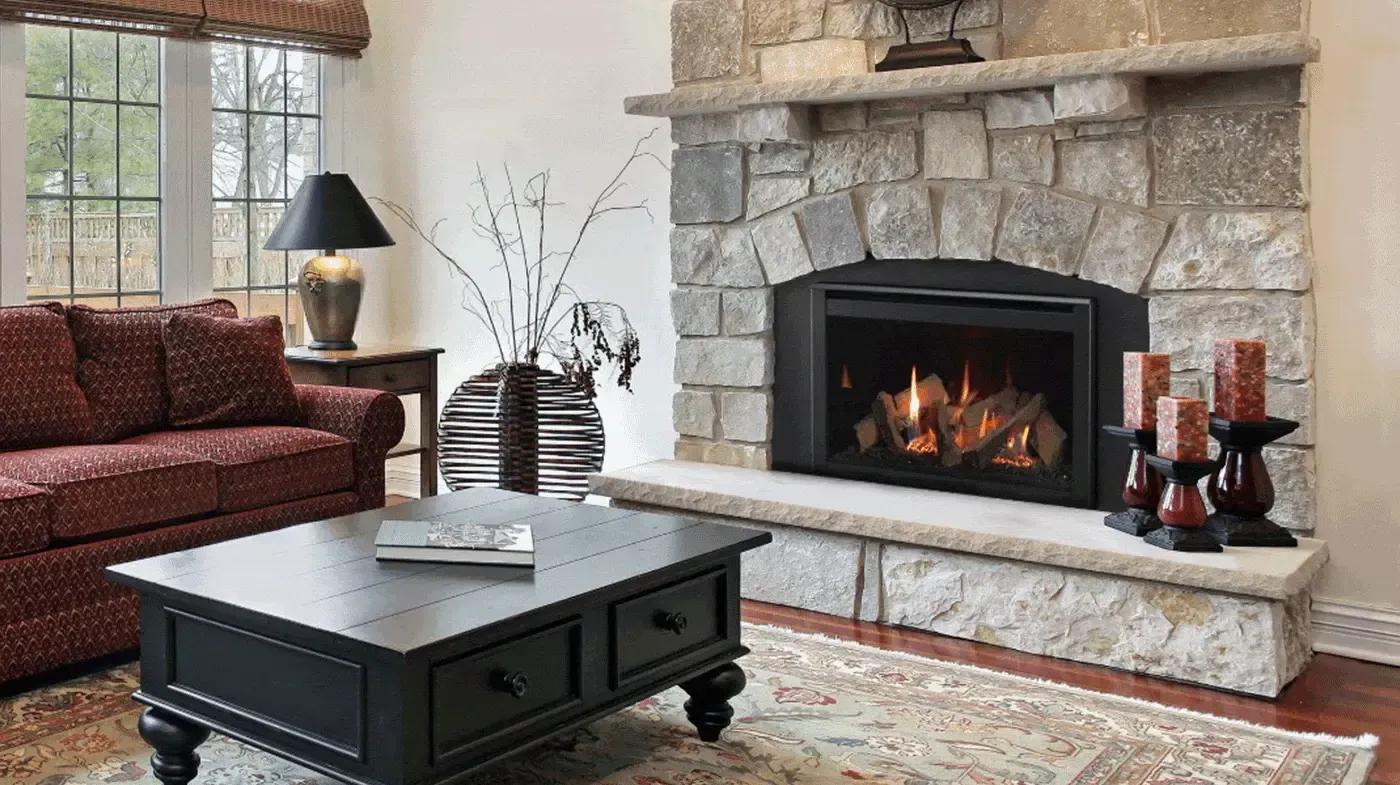 Modern stone fireplace inside a residential living room