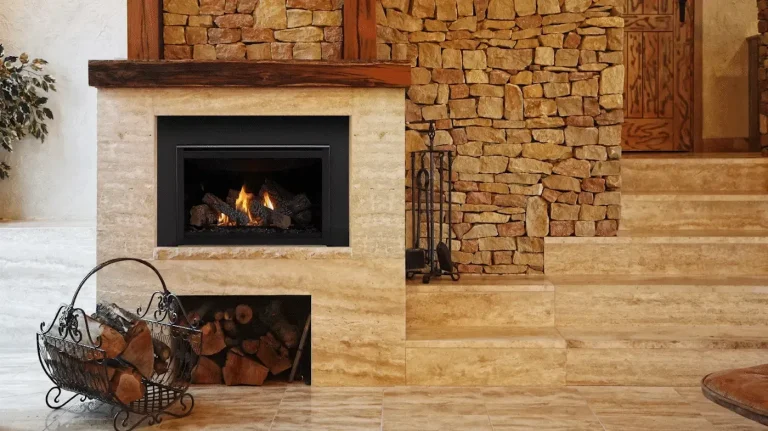 Modern stone fireplace inside a residential living room showcasing professional fireplace services