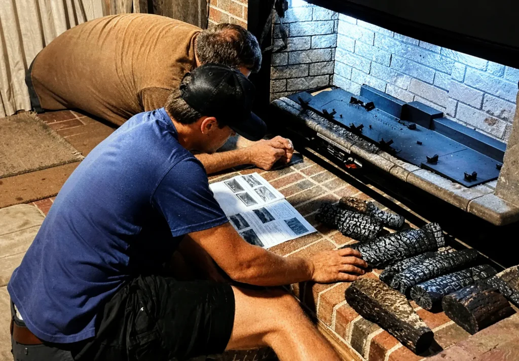 Technicians installing and testing a gas fireplace during a professional fireplace installation service