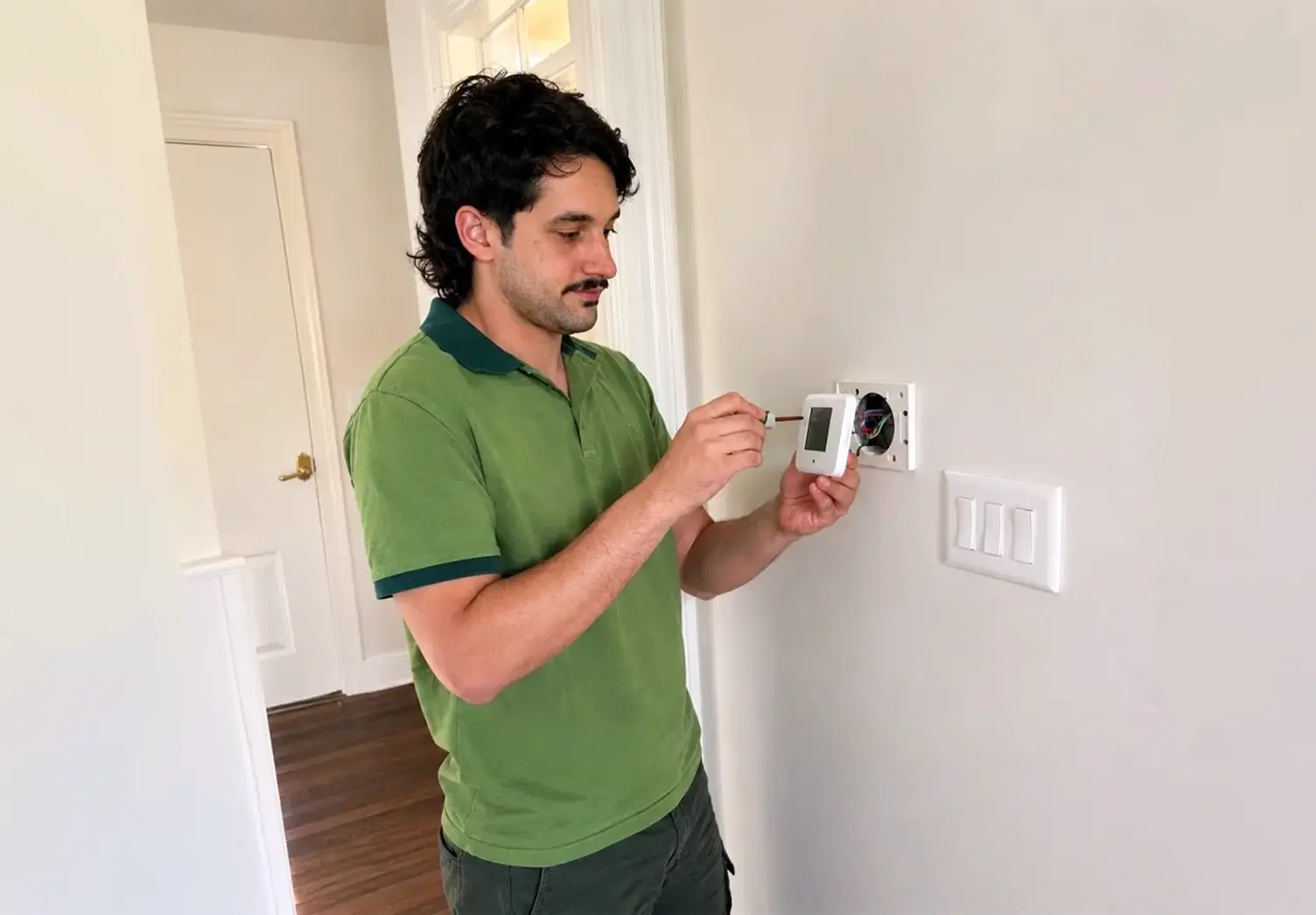 HVAC technician installing a smart thermostat on an interior wall during a residential HVAC system setup.