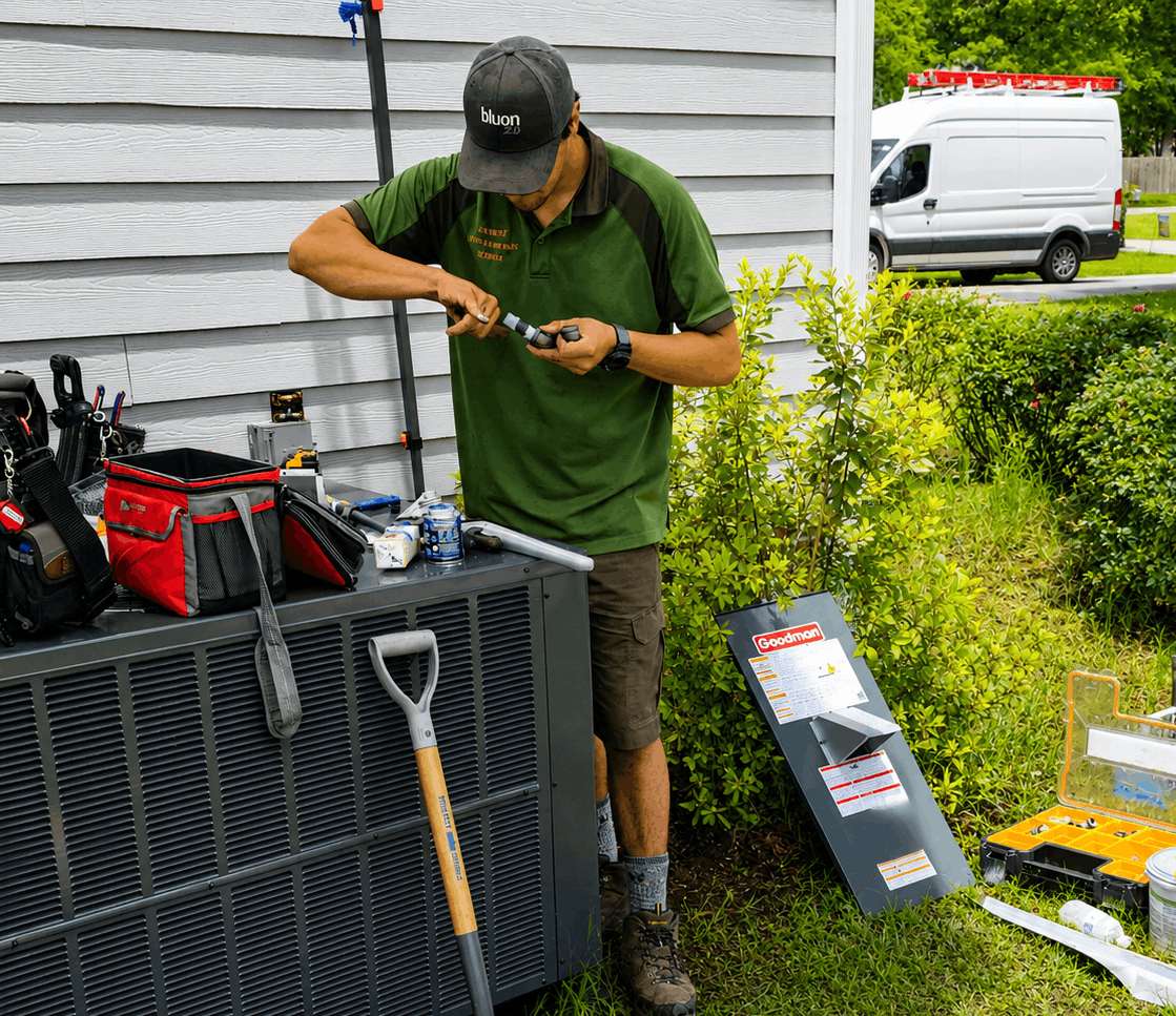 HVAC technician working on equipment in yard