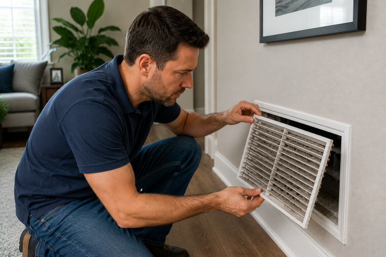Homeowner inspecting a dusty HVAC vent