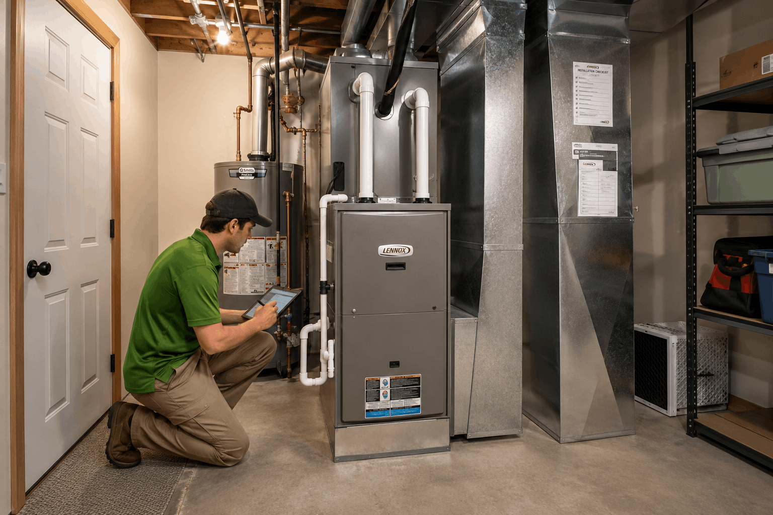 Inspecting the HVAC system in the basement