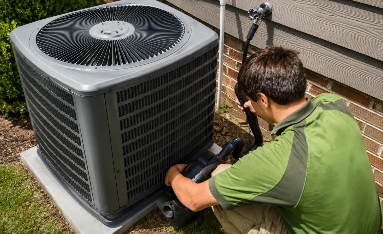 HVAC technician performing AC tune-up on outdoor condenser unit in North Carolina